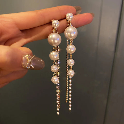 Long Dangle Earrings for Women 2024 Fashion Full Crystal Simulated Pearl Tassel Drop Earring Vintage Gold Color Brincos Jewelry - Brillare Bijou