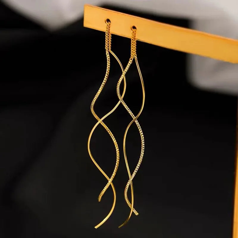 Korean Fashion Long Wave Tassel Earrings for Women Jewelry 2024 Trending New Rotating Twisted Women's 925 Silver Needle Earrings - Brillare Bijou