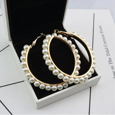 Pearl-Embellished Gold Hoop Earrings – Large 2.2” Luxe Hoops with Delicate Pearls