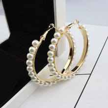 Pearl-Embellished Gold Hoop Earrings – Large 2.2” Luxe Hoops with Delicate Pearls