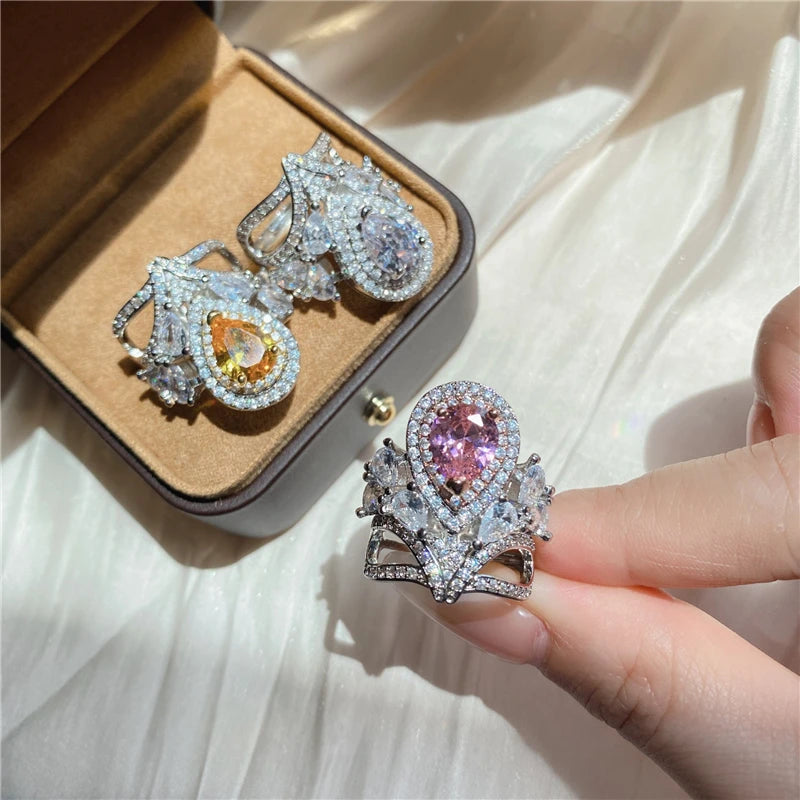 New Pink Zirconia Ring for Women Resizable Cute Y2K Girls Luxury Jewelry Accessories Fashion Wedding Party Gifts Date Engagement - Brillare Bijou
