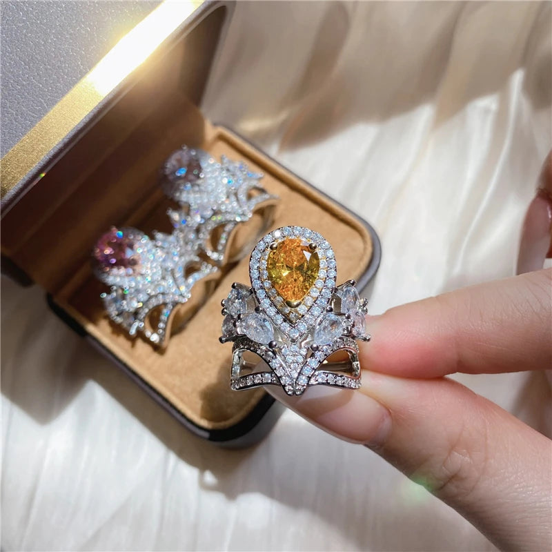 New Pink Zirconia Ring for Women Resizable Cute Y2K Girls Luxury Jewelry Accessories Fashion Wedding Party Gifts Date Engagement - Brillare Bijou