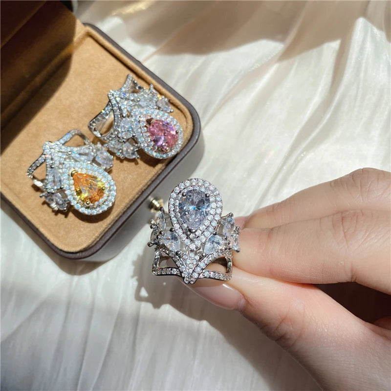 New Pink Zirconia Ring for Women Resizable Cute Y2K Girls Luxury Jewelry Accessories Fashion Wedding Party Gifts Date Engagement - Brillare Bijou
