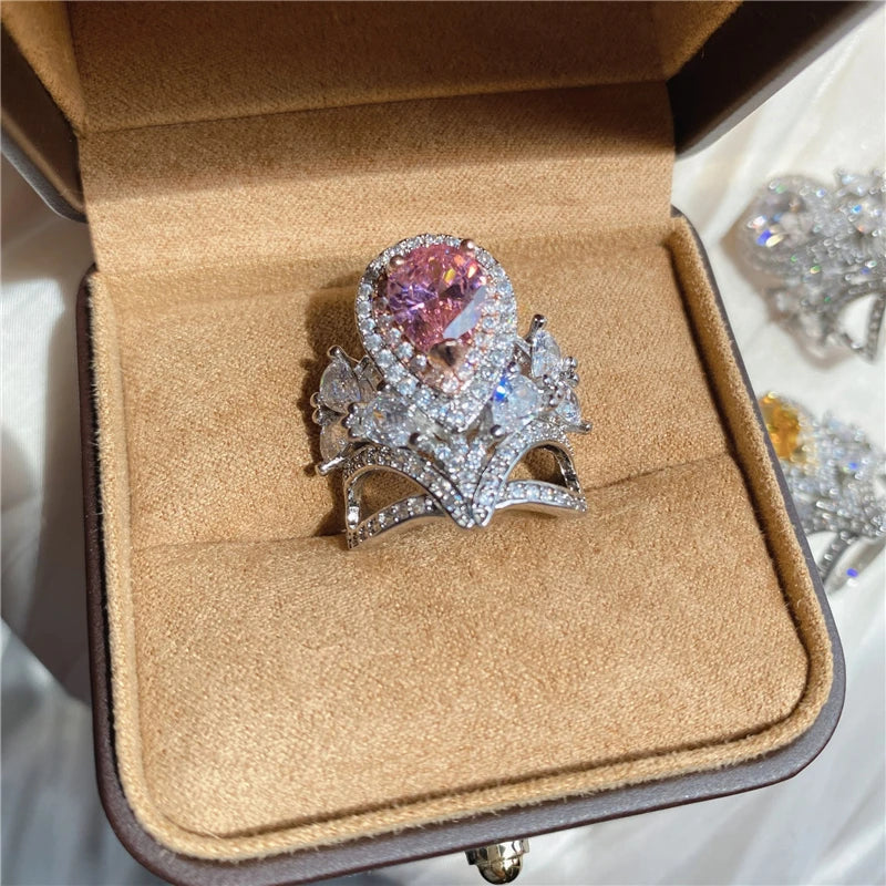 New Pink Zirconia Ring for Women Resizable Cute Y2K Girls Luxury Jewelry Accessories Fashion Wedding Party Gifts Date Engagement - Brillare Bijou