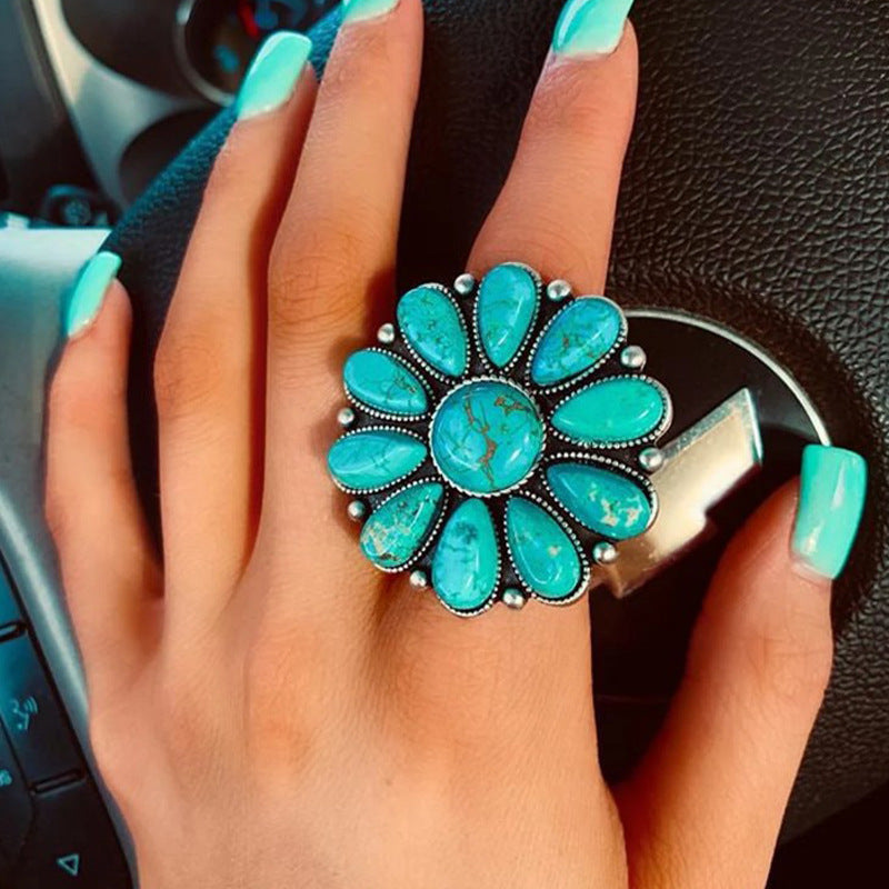 Turquoise Bloom Statement Ring – Bold Floral Elegance in Alloy - Brillare Bijou