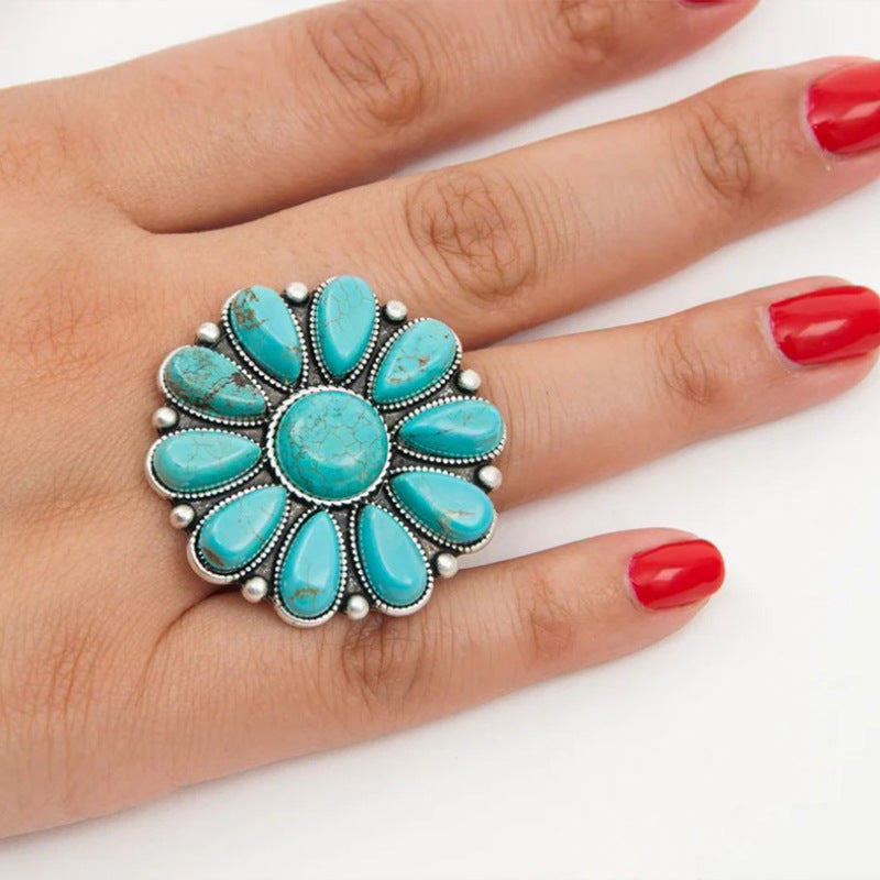 Turquoise Bloom Statement Ring – Bold Floral Elegance in Alloy - Brillare Bijou