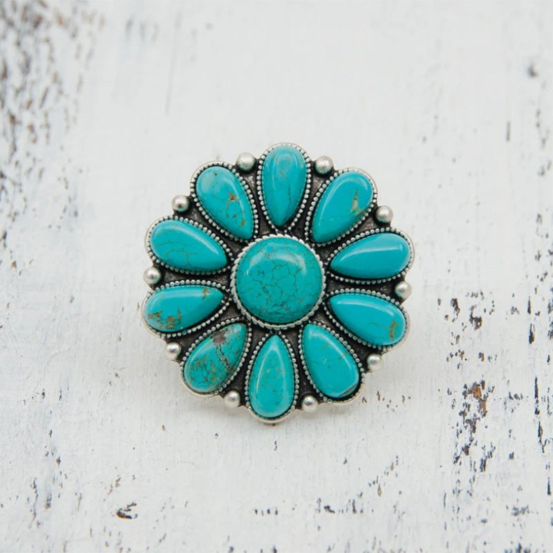 Turquoise Bloom Statement Ring – Bold Floral Elegance in Alloy - Brillare Bijou