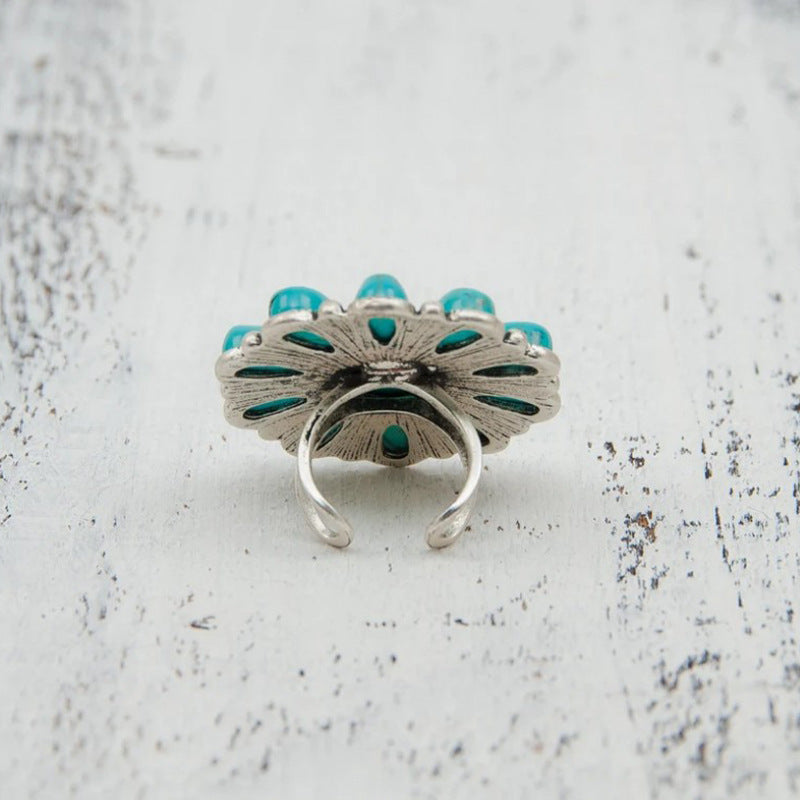 Turquoise Bloom Statement Ring – Bold Floral Elegance in Alloy - Brillare Bijou